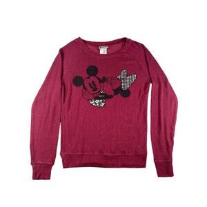 Disney Parks Sweater Womens Small Mickey Minnie Mouse Red Crew Long Sleeve
